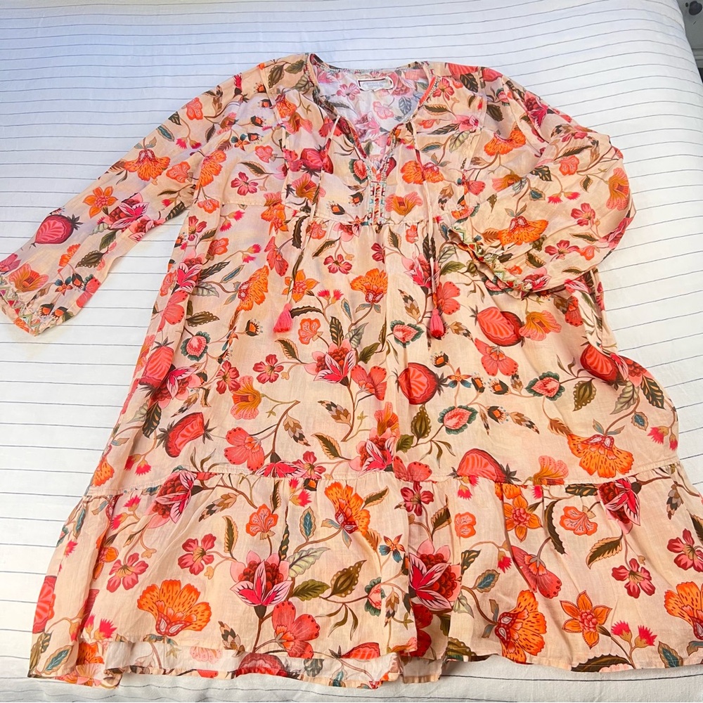 Johnny Was Workshop- Peach W/ Magenta & Orange Floral Boho Tunic Dress Sz XL
